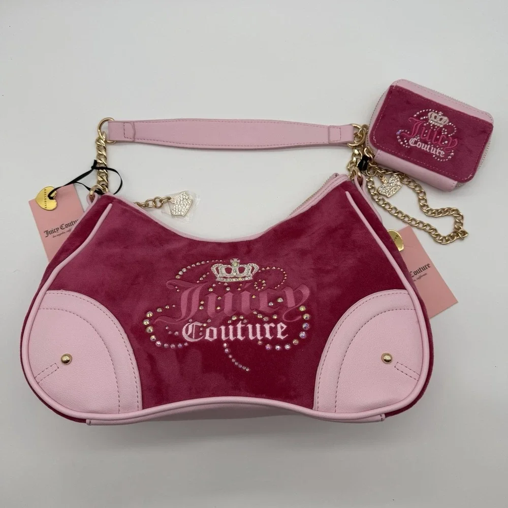 Juicy Couture Dreamy Shoulder Bag & Matching Zip Card Case Raspberry Velour NWT